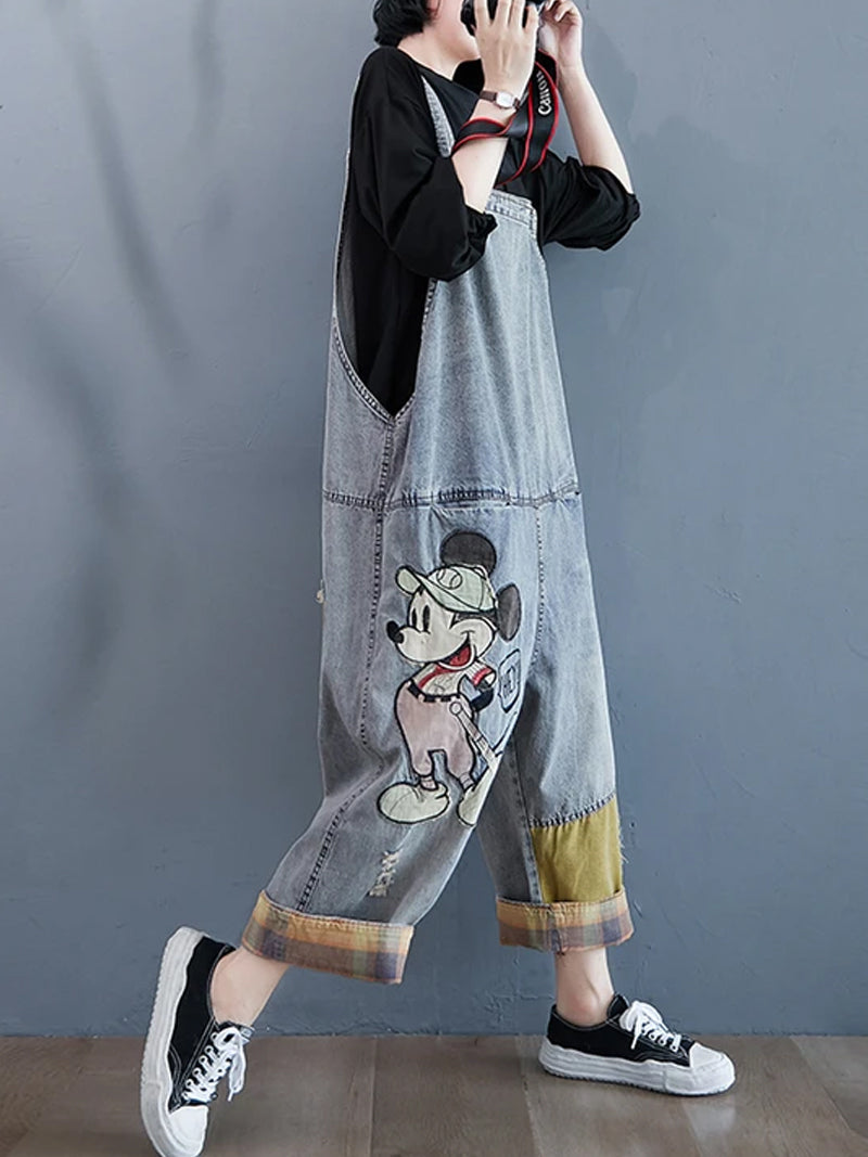 Cartoon Patch Denim Dungaree - Light Wash Relaxed Fit