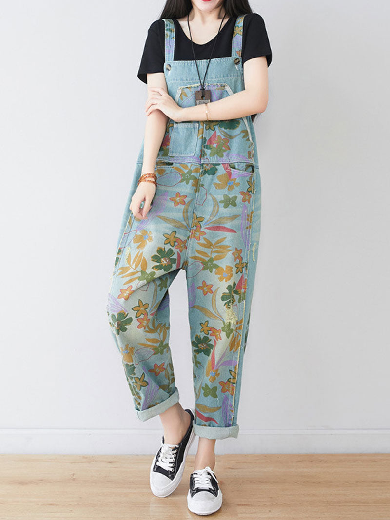 Hand-Painted Botanical Dungarees - Dropped Crotch Tapered Fit