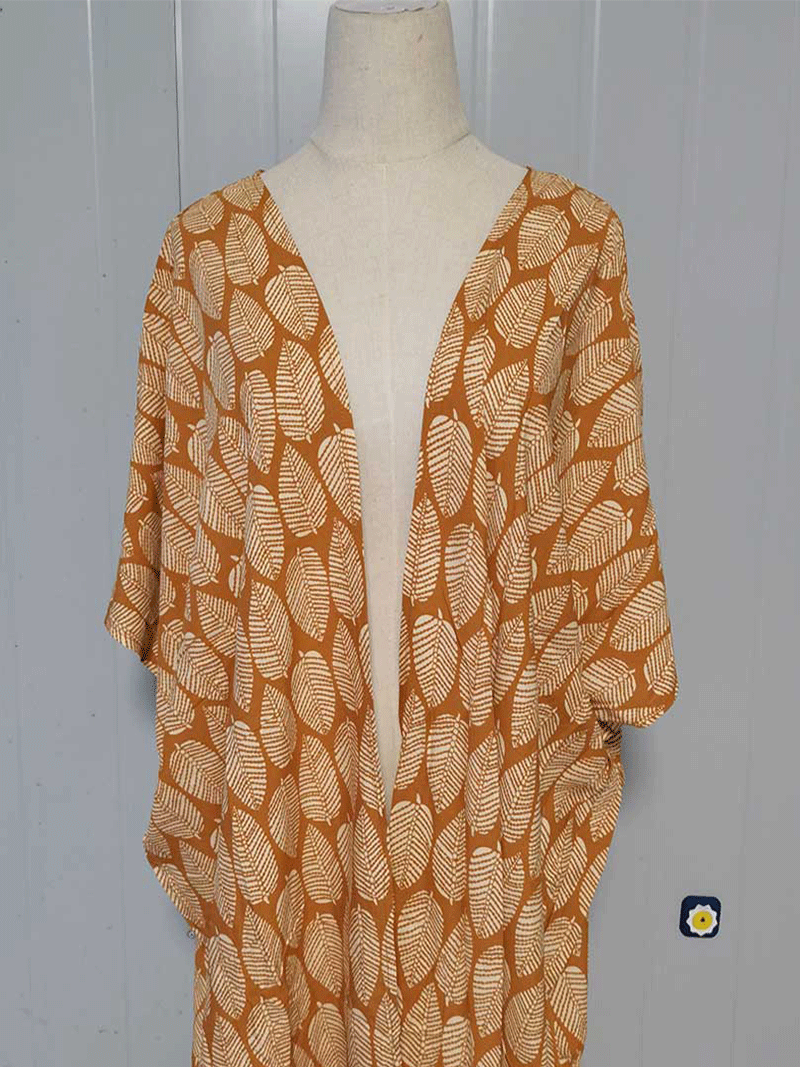 Printed Black & Yellow Color Polyester Long Length Gown Kimono Duster Robe