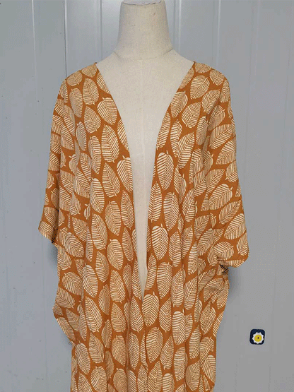 Printed Black & Yellow Color Polyester Long Length Gown Kimono Duster Robe