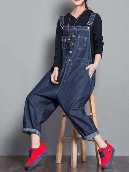 Loose Fit Button Front Denim Dungarees