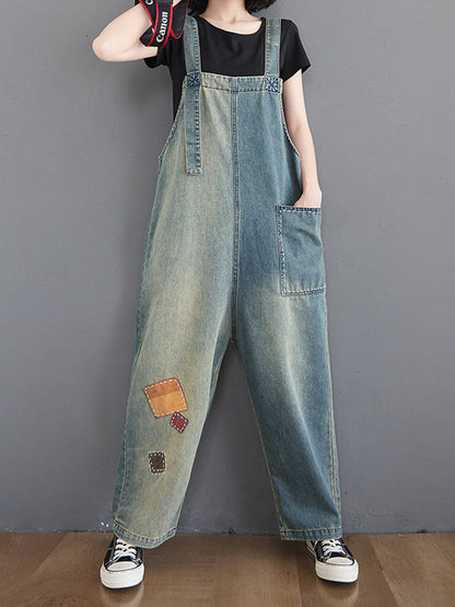 Vintage Wash Denim Dungarees - Artisan Patch Detail