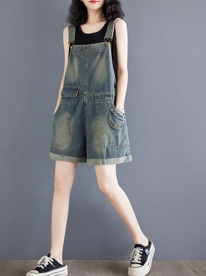 Trendy Women's High-Waist Baggy Denim Overalls Shorts | Eva Trends