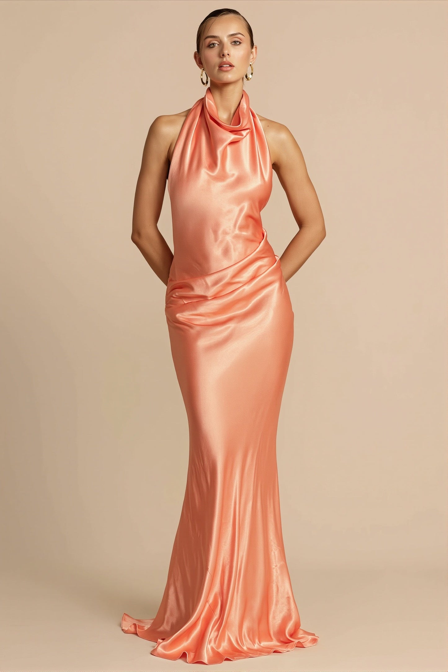 Solid Satin Halter Backless Maxi Dress