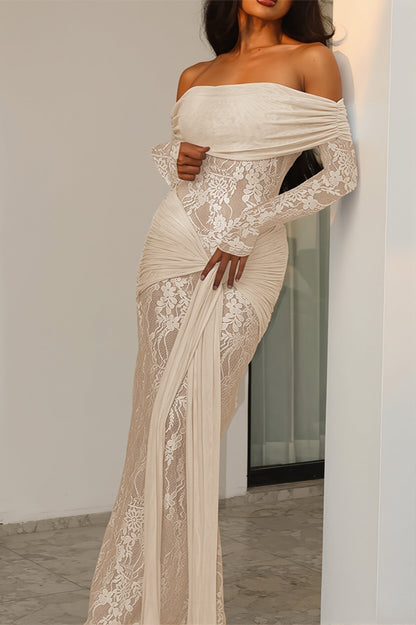 Chic Lace Trim Off Shoulder Long Sleeve Wrap Maxi Dress