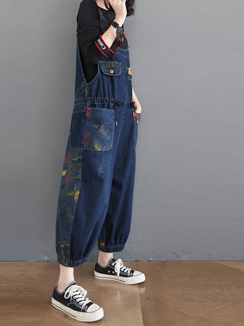 Balloon-Leg Denim Dungarees - Multi-Pocket Patch Print Design