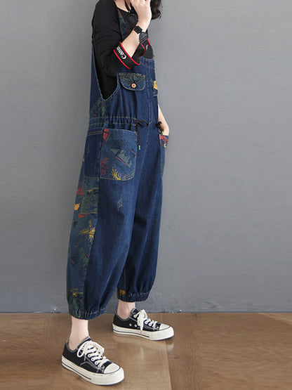 Balloon-Leg Denim Dungarees - Multi-Pocket Patch Print Design