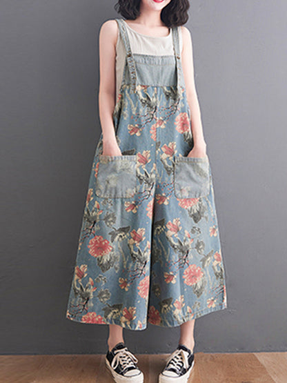 Wide-Leg Floral Denim Jumpsuit - Large Pocket Everyday Fit