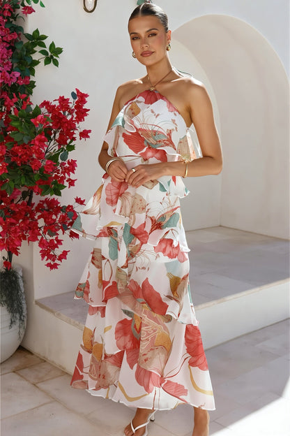 Tiered Ruffle Chiffon Print Maxi Dress