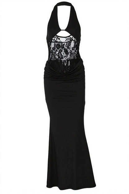 Sexy Sheer Lace Halter Open Back Bodycon Maxi Dress