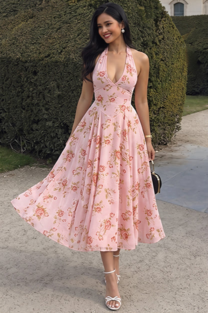 Chic Print Halter Neck V Neck Sheer Mesh Backless Midi Dress