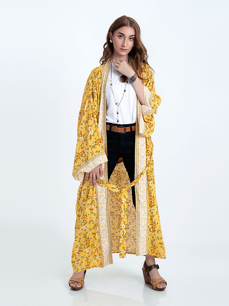 Bridal Party Wear Floral Print Yellow Color Cotton Long Length Gown Robe Kimono