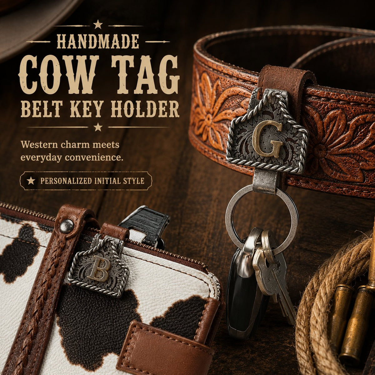 Handmade Cow Tag Belt Key Holder