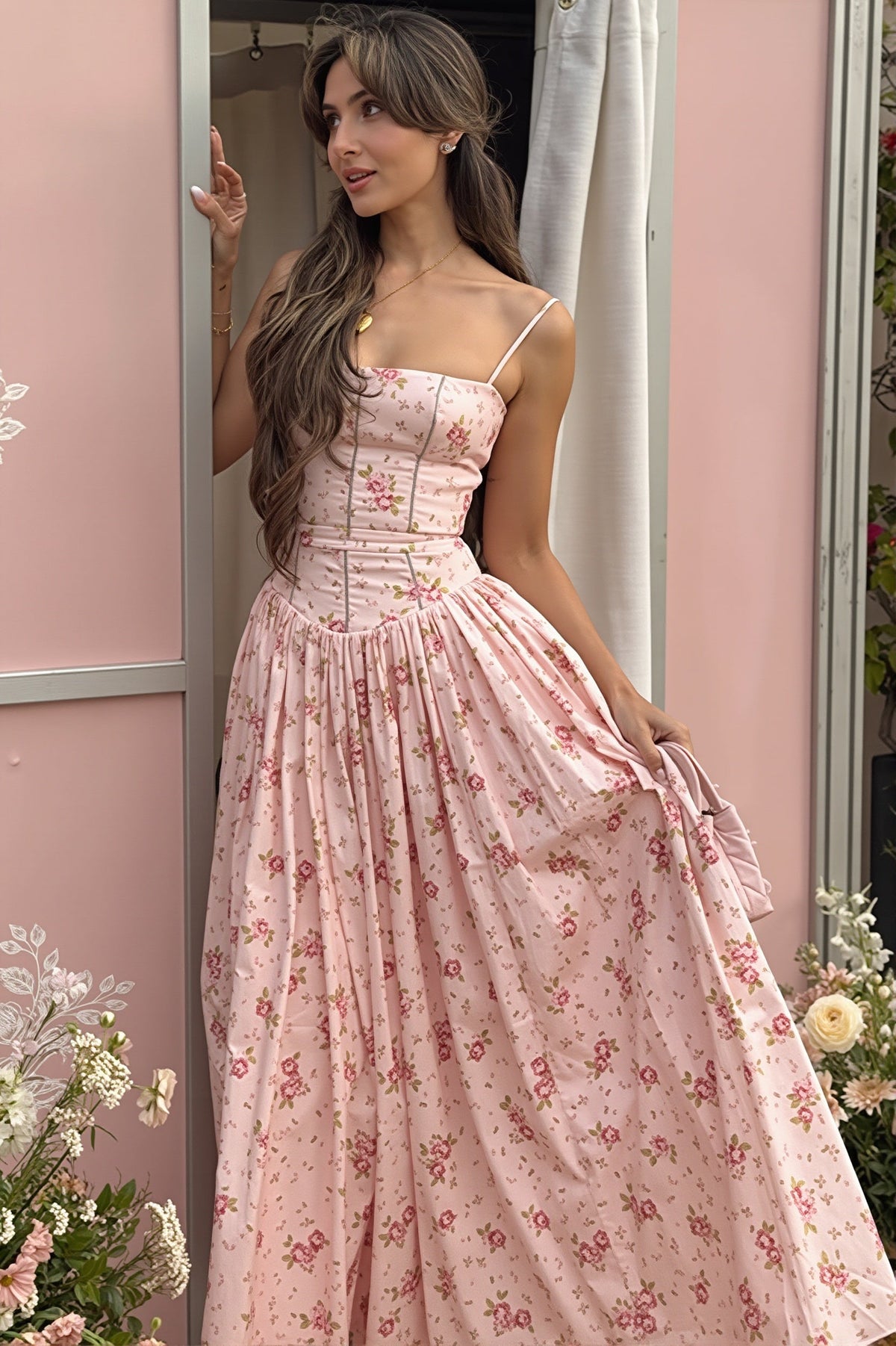 Chic Vintage Floral Cami Slim Fit Maxi Dress