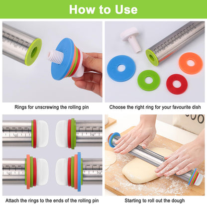 Dailyardtool¬Æ Adjustable Stainless Steel Rolling Pin with Thickness Rings