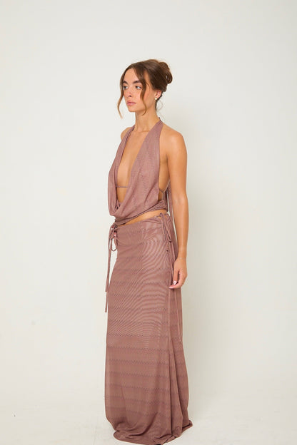 Romy Mesh Cowl Maxi Skirt Co-Ord | Brown