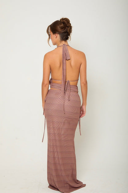 Romy Mesh Cowl Maxi Skirt Co-Ord | Brown