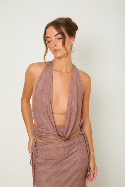 Romy Mesh Cowl Maxi Skirt Co-Ord | Brown