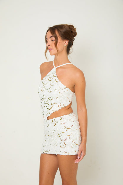Polly Beaded Halterneck Top | White