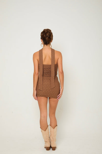Lottie Bandeau Dress & Neck Tie | Brown