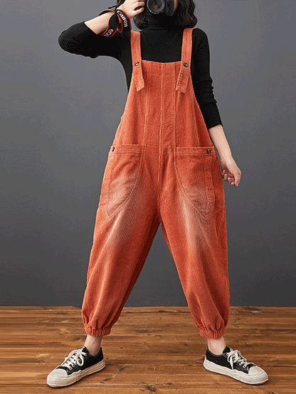 Cotton Corduroy Dungarees - Relaxed Barrel Leg Overall Fit
