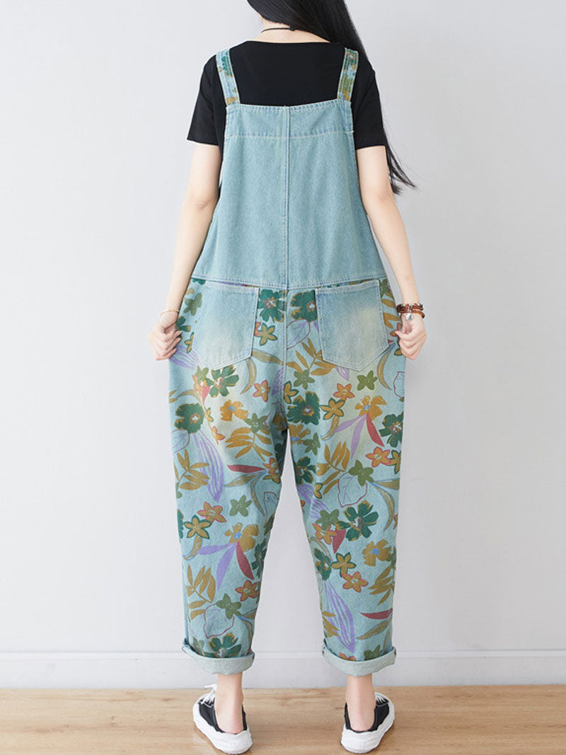 Hand-Painted Botanical Dungarees - Dropped Crotch Tapered Fit