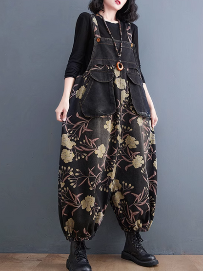 Casual Black Floral Print Women's Overalls with Side Pockets
