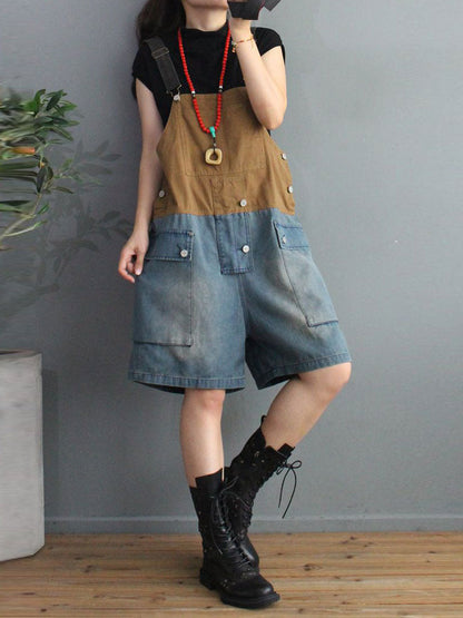 Cargo Pocket Short Dungaress - Color Block Knee-Length Fit