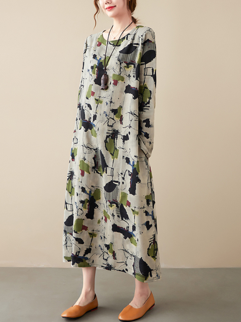 women's cotton and long-sleeved pring and summer with broken flowers A-line dress
