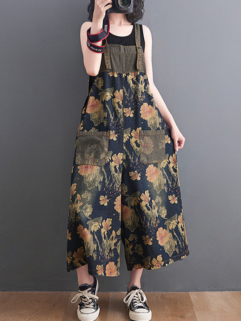 Wide-Leg Floral Denim Jumpsuit - Large Pocket Everyday Fit