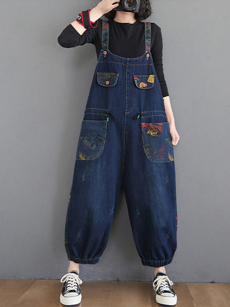 Balloon-Leg Denim Dungarees - Multi-Pocket Patch Print Design