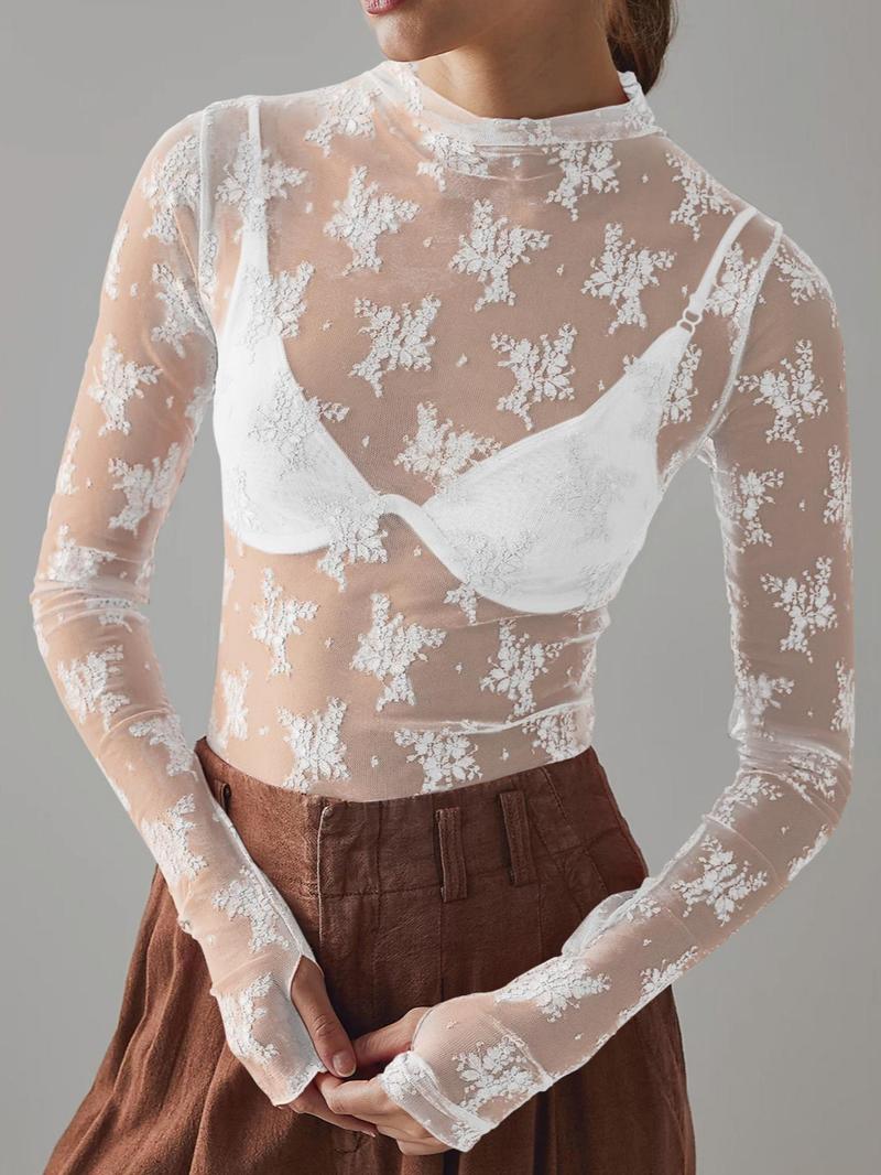 üòçWomen's Floral Lace Thumb Hole Sheer Tee
