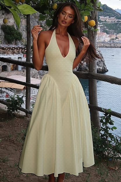 Sexy Polka Dot Halter Deep V High Rise Maxi Dress