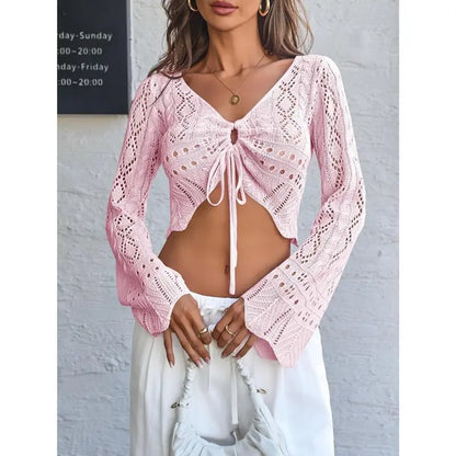 üåº Hollow Out Drawstring Flare Sleeve Cropped Top-Women Minimalist Knit Sweaterü™°