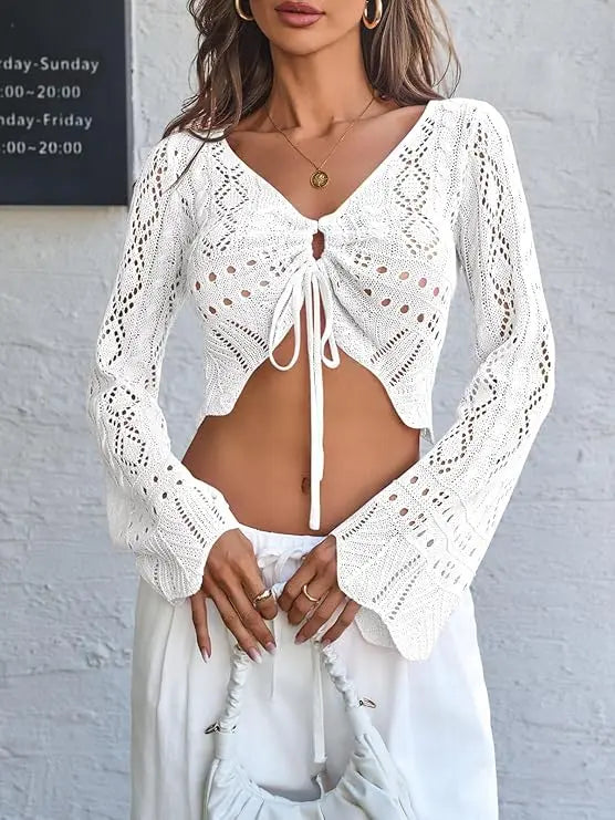 üåº Hollow Out Drawstring Flare Sleeve Cropped Top-Women Minimalist Knit Sweaterü™°