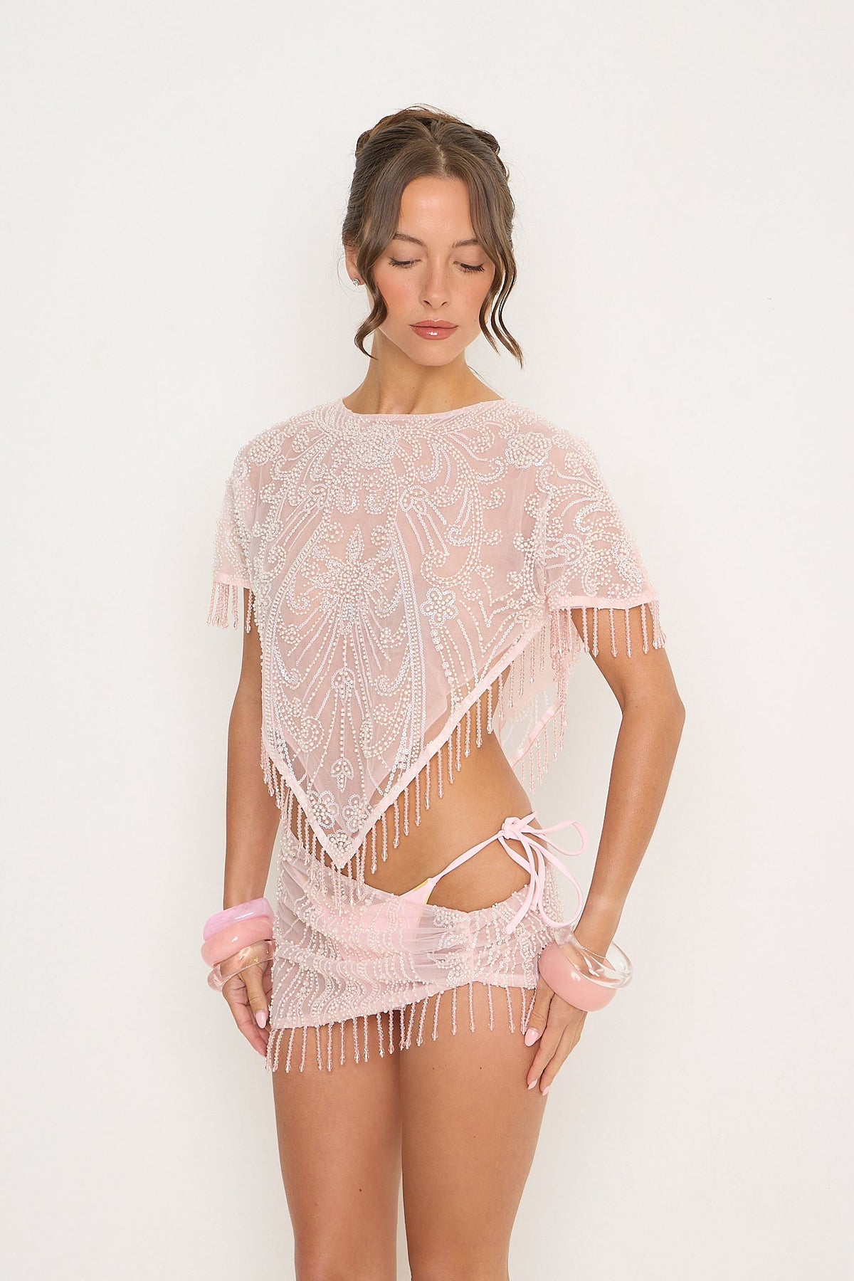 Krissy Beaded Sheer Top | Pink