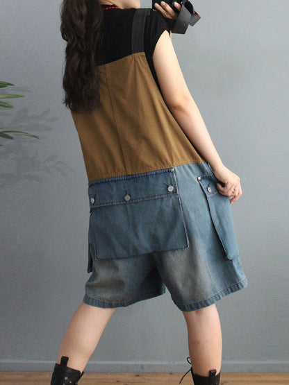 Cargo Pocket Short Dungaress - Color Block Knee-Length Fit