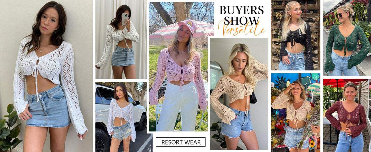 üåº Hollow Out Drawstring Flare Sleeve Cropped Top-Women Minimalist Knit Sweaterü™°