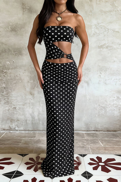 Printed Strapless Cut Out Bodycon Maxi Dress