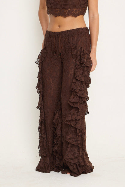 Sydney Lace Ruffle Trousers | Brown