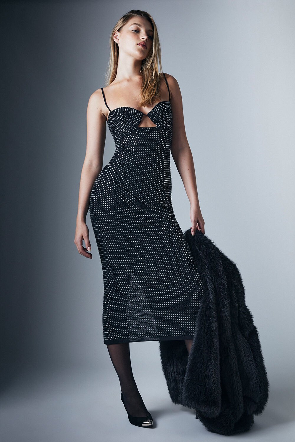 Aisha Diamante Midi Dress - Black
