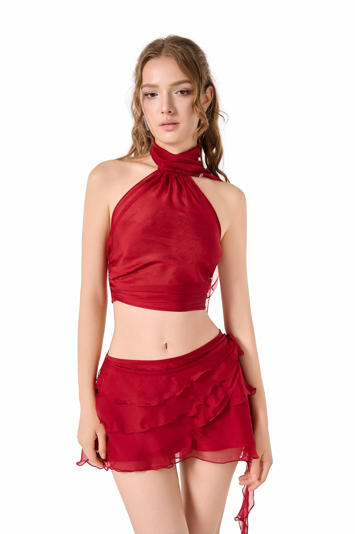 Volante Silk Chiffon Top - Dark Red