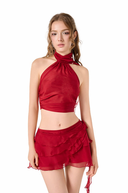Volante Silk Chiffon Top - Dark Red