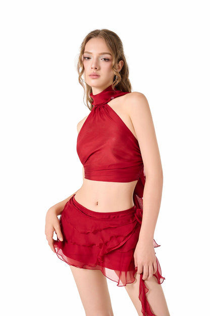 Volante Silk Chiffon Skirt - Dark Red