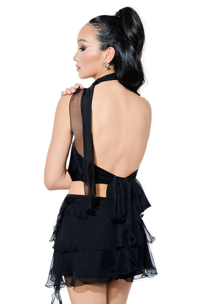 Volante Silk Chiffon Top - Black
