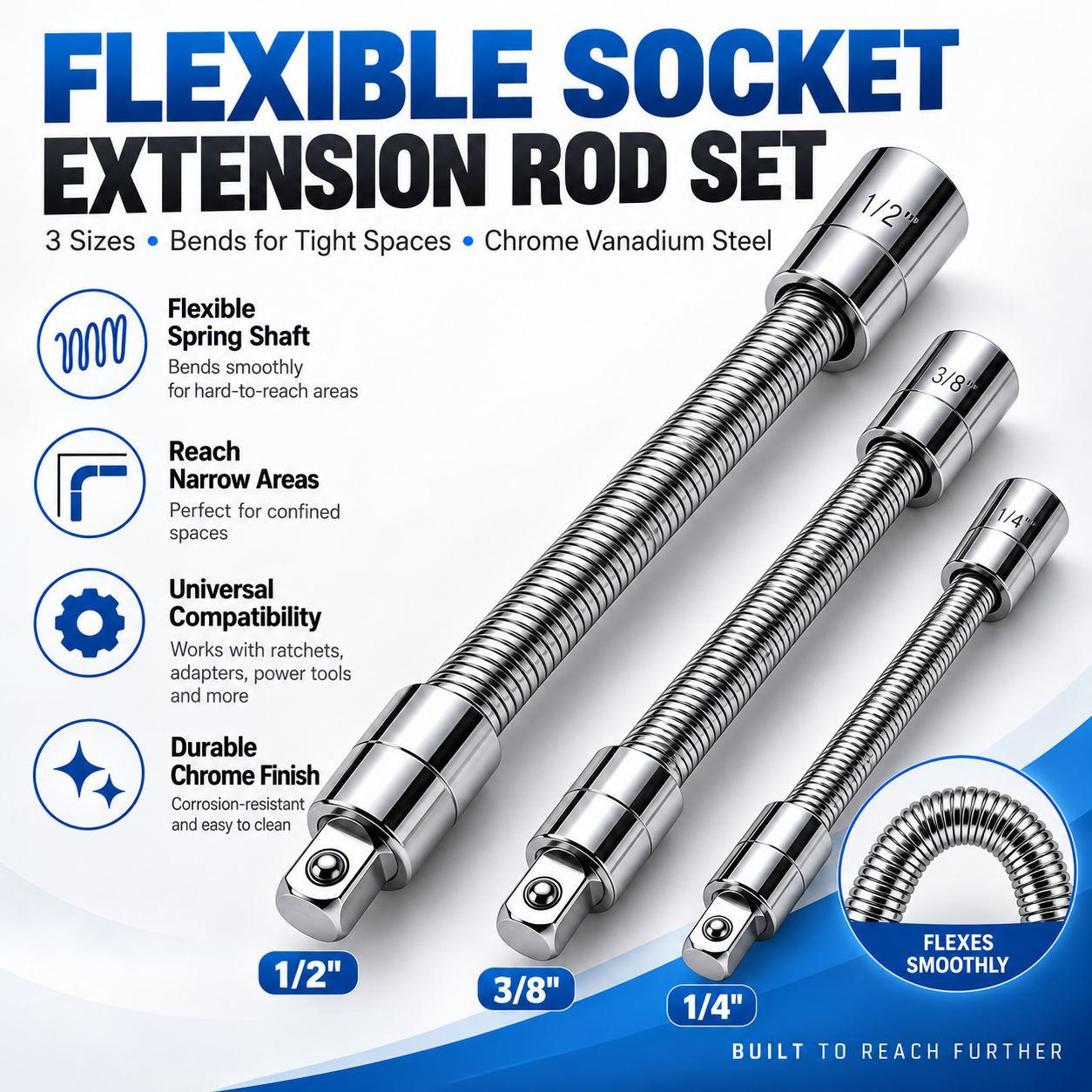 Bendable Flexible Spring Socket Extension Bar 1/4" 3/8" 1/2" Drive for Ratchet & Power Tools