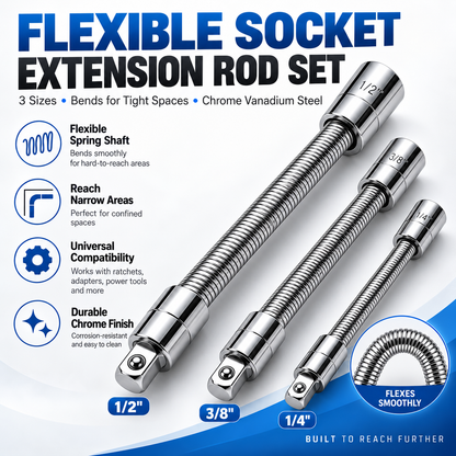 Bendable Flexible Spring Socket Extension Bar 1/4" 3/8" 1/2" Drive for Ratchet & Power Tools