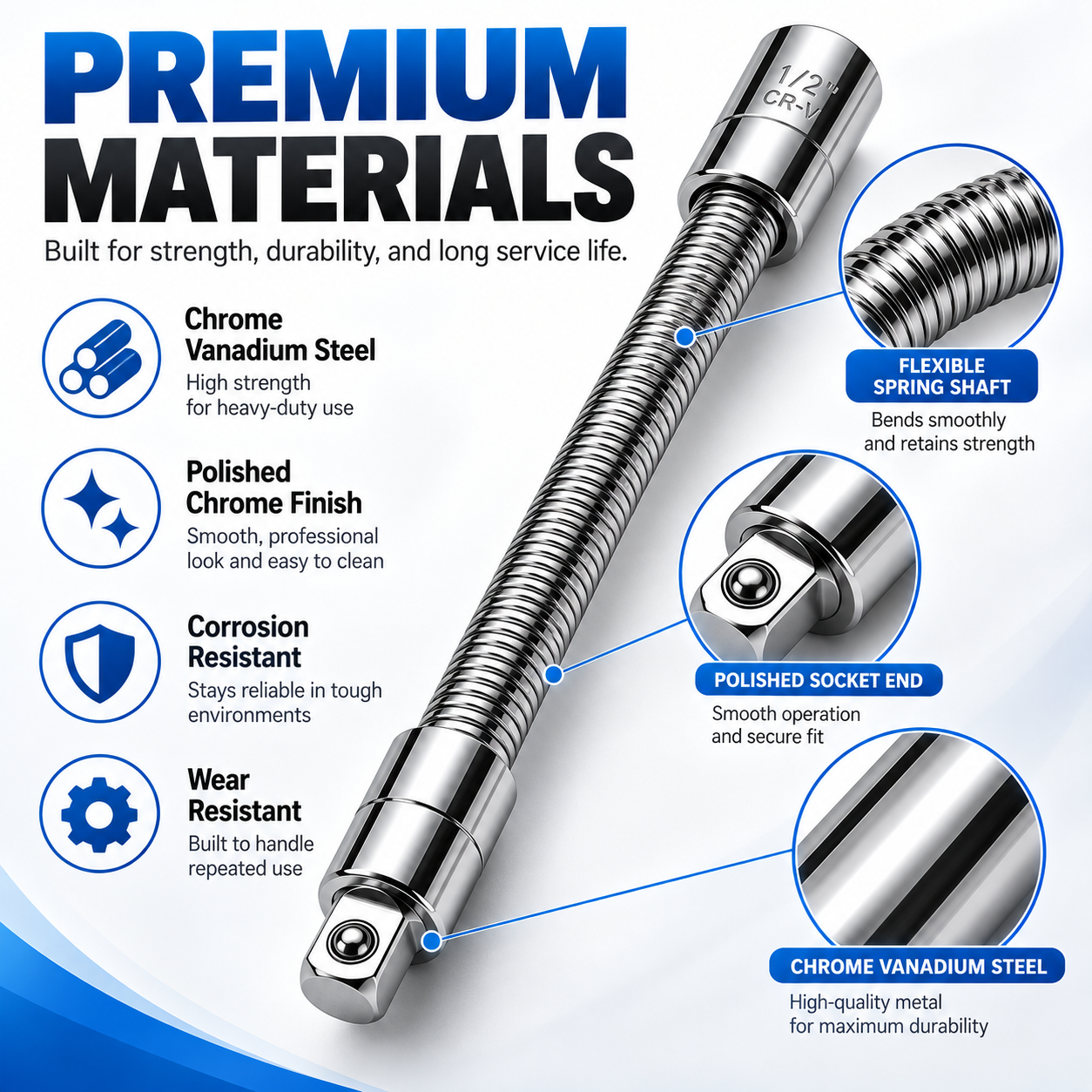 Bendable Flexible Spring Socket Extension Bar 1/4" 3/8" 1/2" Drive for Ratchet & Power Tools