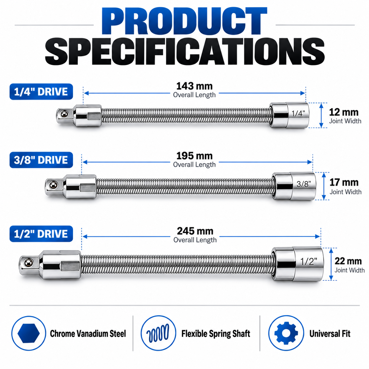 Bendable Flexible Spring Socket Extension Bar 1/4" 3/8" 1/2" Drive for Ratchet & Power Tools
