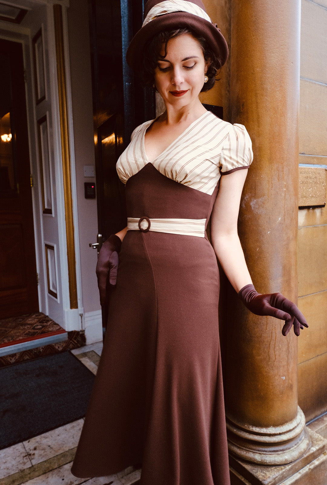 1930s Connie Dress and Crop Jacket - Brown and Oakline Stripe